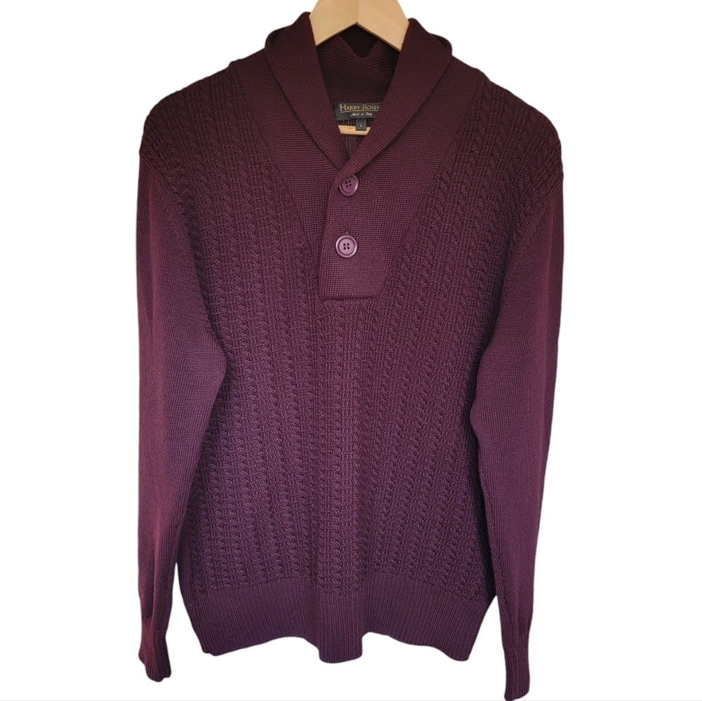 Vintage Harry Rosen Shawl Sweater Burgundy Merino Wool Blend Pullover Ac… - Picture 16 of 16